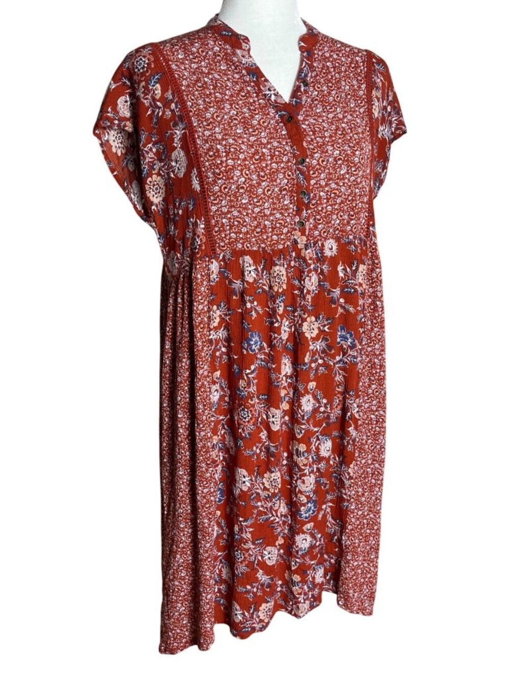 Rust Mixed Florals Dress Midi Boho Flowy Relaxed Cottage Prairie Pockets Women S